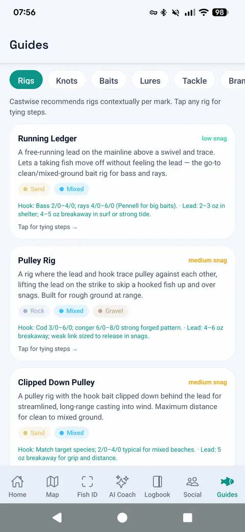 Castwise guides screen showing rig and tackle advice